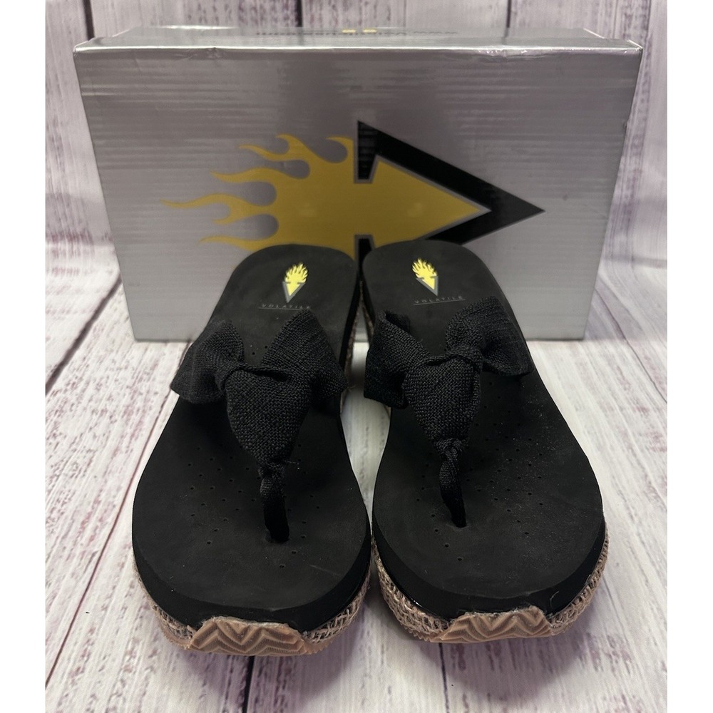 Volatile Womens 9 Black Knotted Platform Thong Wedge Sandals Woven Jute Boho